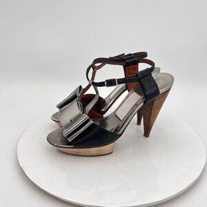 Lanvin Women Size EU 37 US 7 Black Silver Bow T Strap Platform Cone Heel Sandal